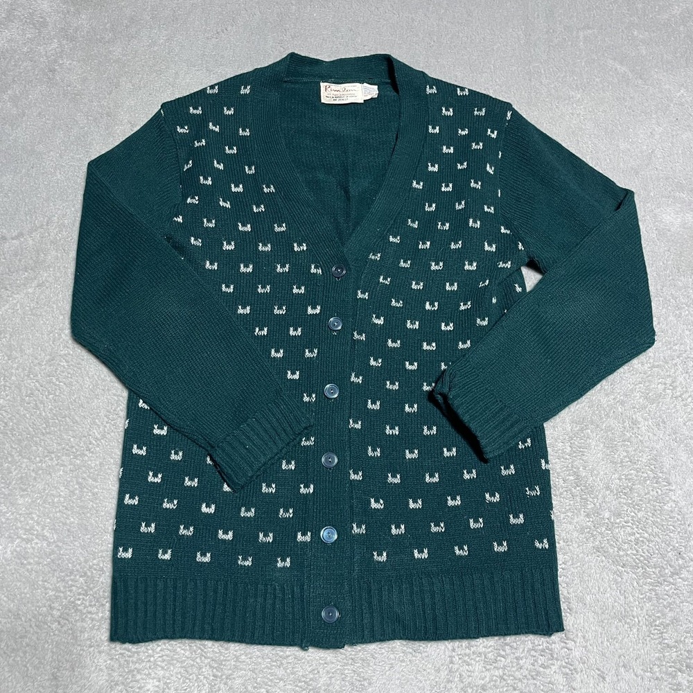 Vintage 70s Kimlon Sweater Womens Medium Green Button‎ Down Cardigan Academia